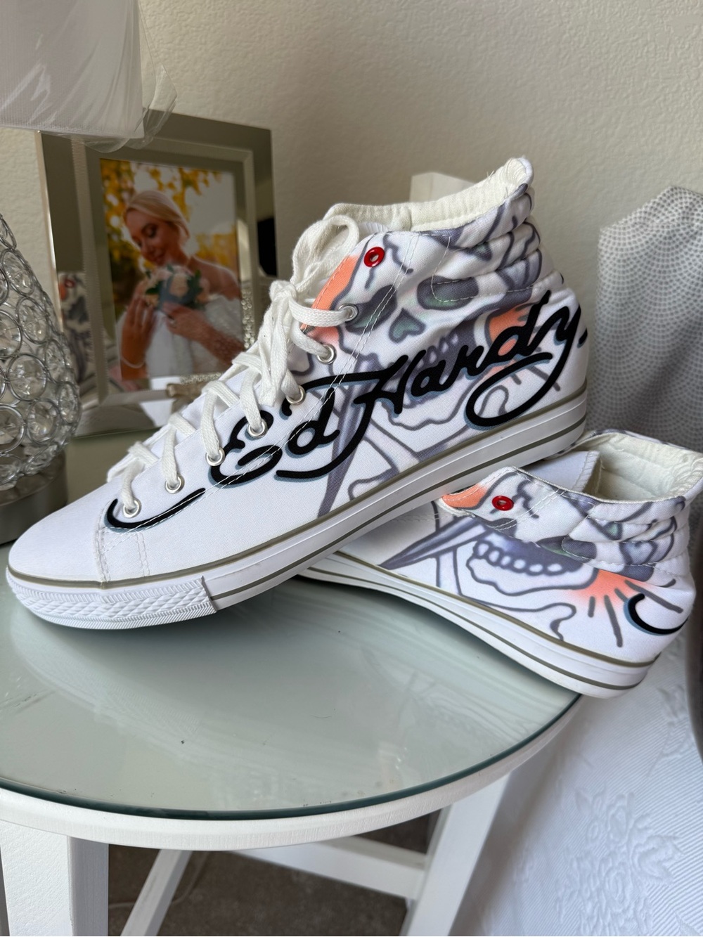 Ed Hardy White Canvas High-Top Sneakers with Skull Graphics